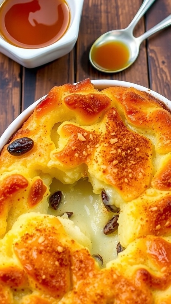 A warm bowl of eggless bread pudding, golden brown and garnished with cinnamon and raisins, on a rustic table with caramel sauce.